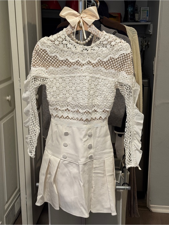 Self-Portrait Dresses & Skirts - Self-Portrait White Crochet Lace Long-Sleeve Mini Dress